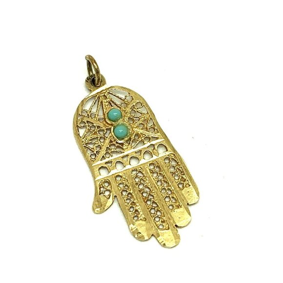 Hamsa Hand Protection Power Charm With Turquoise Stones 14K Yellow Gold … - Picture 9 of 9